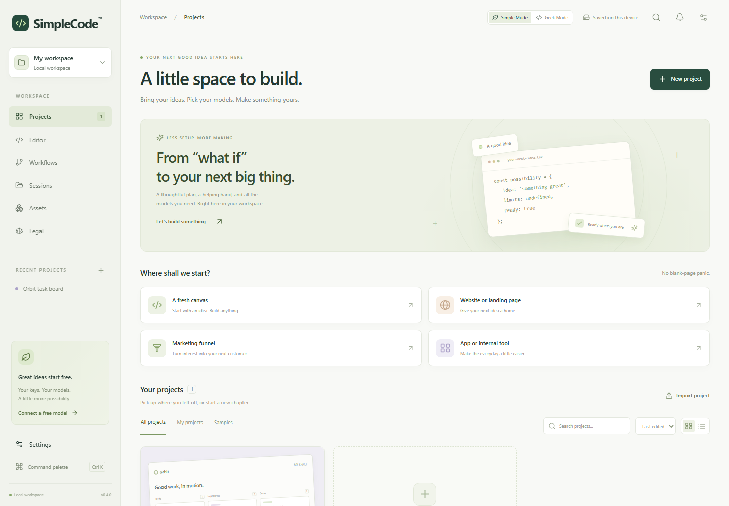 SimpleCode™ in Simple Mode, showing its Sage home screen and four project starters